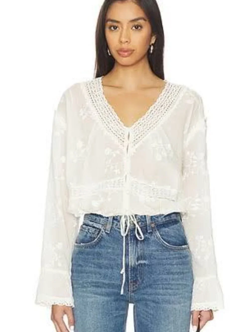 Free People Sweet Love Blouse Crochet-Trim Embroidered Peasant Blouse Size XL